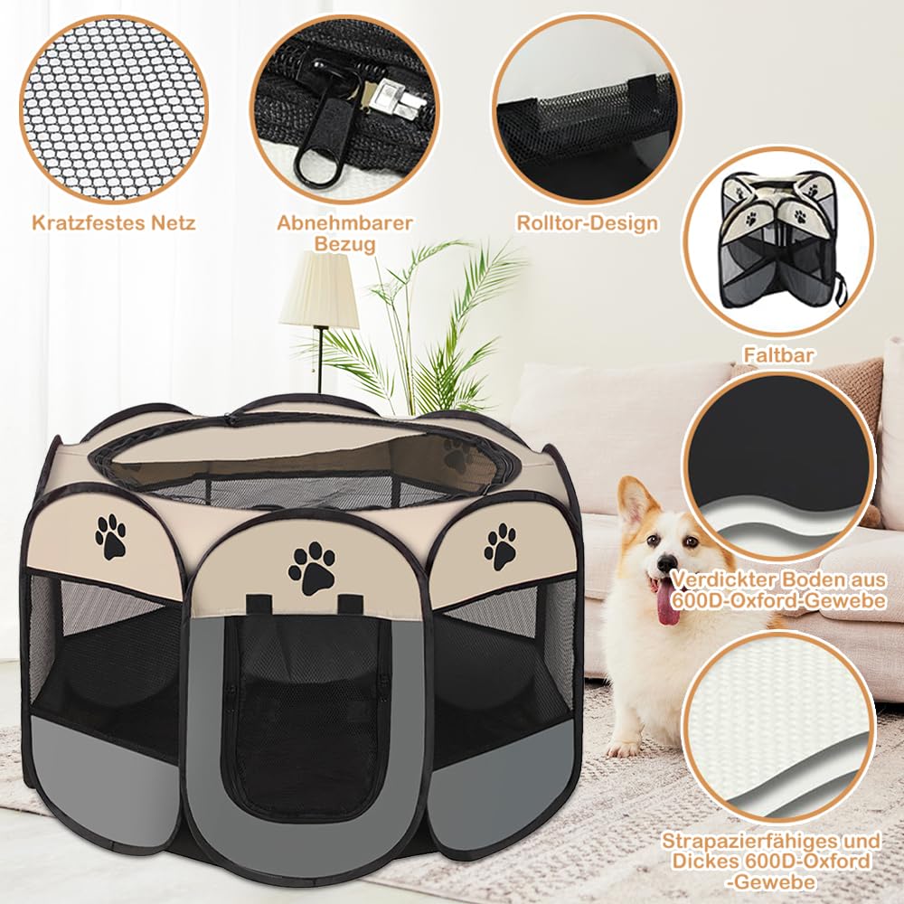Petlios Tragbarer Welpenauslauf Faltbarer Welpenlaufstall Hundebox Wasserdicht Oxford für Hund Katze Kaninchen Indoor Outdoor Grau L