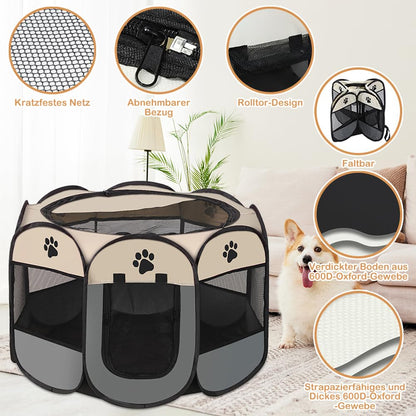 Petlios Tragbarer Welpenauslauf Faltbarer Welpenlaufstall Hundebox Wasserdicht Oxford für Hund Katze Kaninchen Indoor Outdoor Grau L