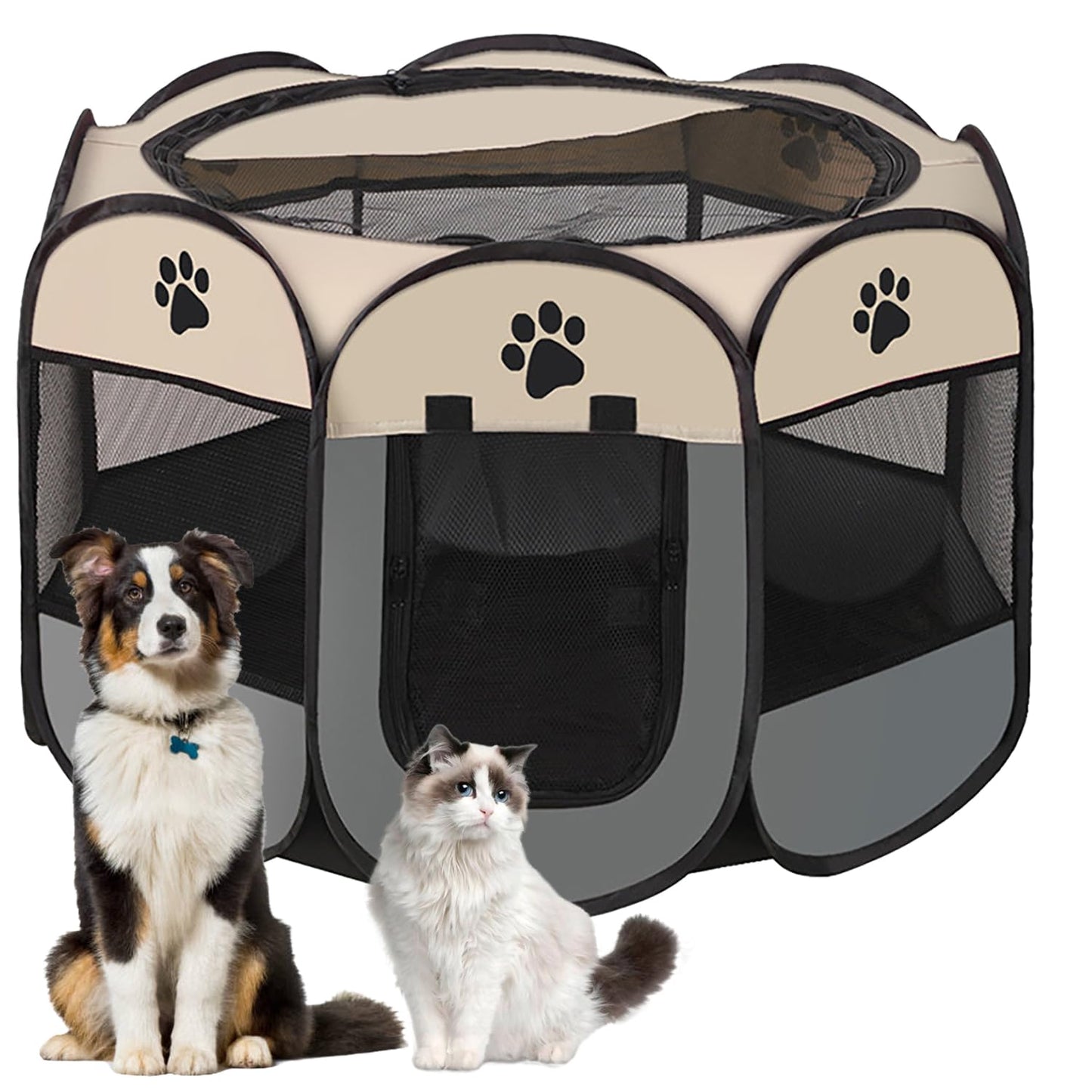 Petlios Tragbarer Welpenauslauf Faltbarer Welpenlaufstall Hundebox Wasserdicht Oxford für Hund Katze Kaninchen Indoor Outdoor Grau L