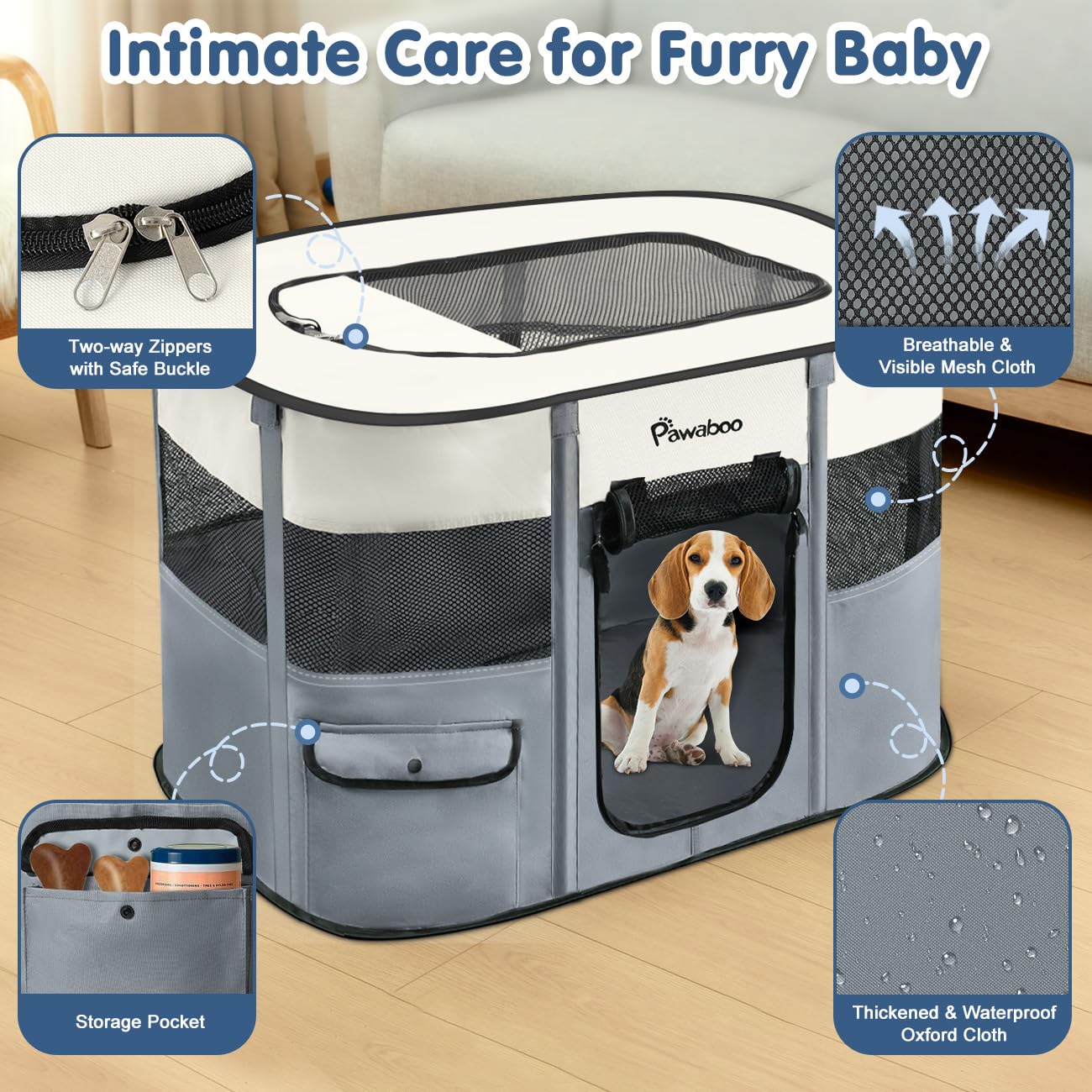 Petlios Tragbarer Haustierstall Faltbarer Hundelaufstall Wasserdicht Oxford für Hund Katze Kaninchen Indoor Outdoor mit Tasche Grau L