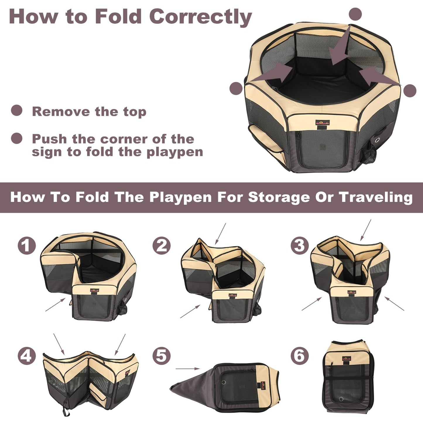 Petlios Welpenauslauf Faltbarer Laufstall für Hund und Katze Tragbarer Welpenlaufstall mit Tasche für Innen Außen Reisen Camping Braun L