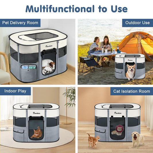 Petlios Tragbarer Haustierstall Faltbarer Hundelaufstall Wasserdicht Oxford für Hund Katze Kaninchen Indoor Outdoor mit Tasche Grau L