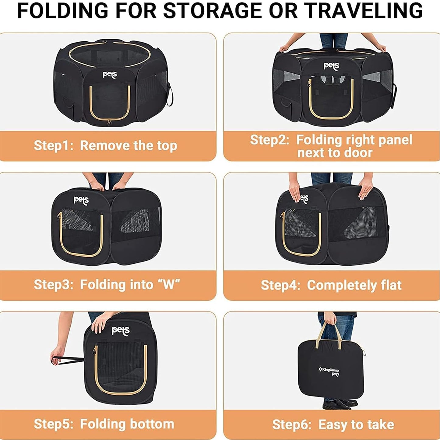 Petlios Welpenlaufstall Faltbar Tragbarer Tierlaufstall für Hunde Katzen Welpen Innen Außen mit Tragetasche Heringen Schwarz L