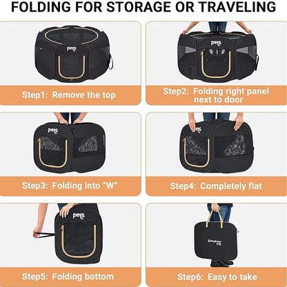 Petlios Welpenlaufstall Faltbar Tragbarer Tierlaufstall für Hunde Katzen Welpen Innen Außen mit Tragetasche Heringen Schwarz L