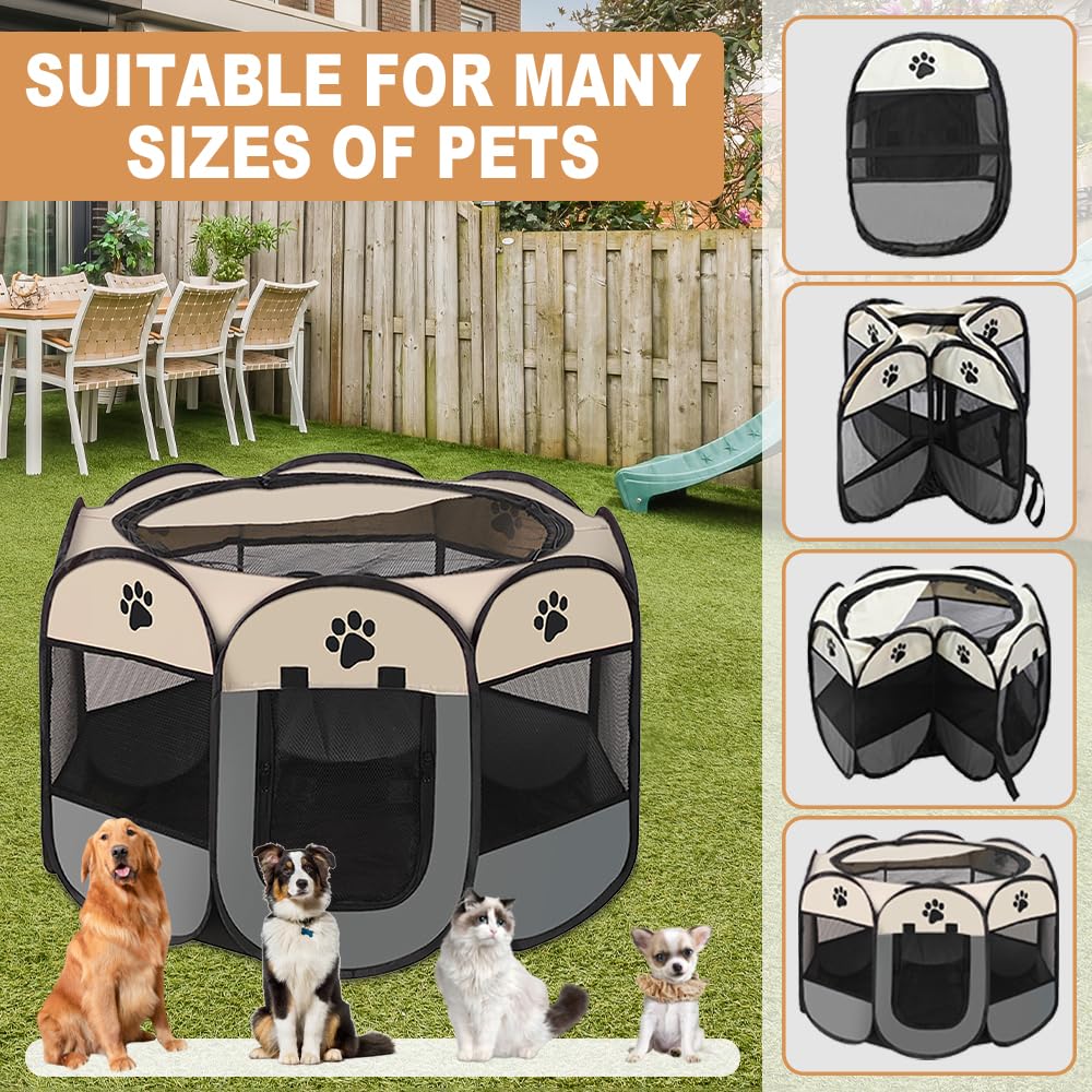 Petlios Tragbarer Welpenauslauf Faltbarer Welpenlaufstall Hundebox Wasserdicht Oxford für Hund Katze Kaninchen Indoor Outdoor Grau L