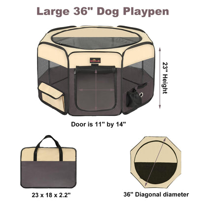 Petlios Welpenauslauf Faltbarer Laufstall für Hund und Katze Tragbarer Welpenlaufstall mit Tasche für Innen Außen Reisen Camping Braun L