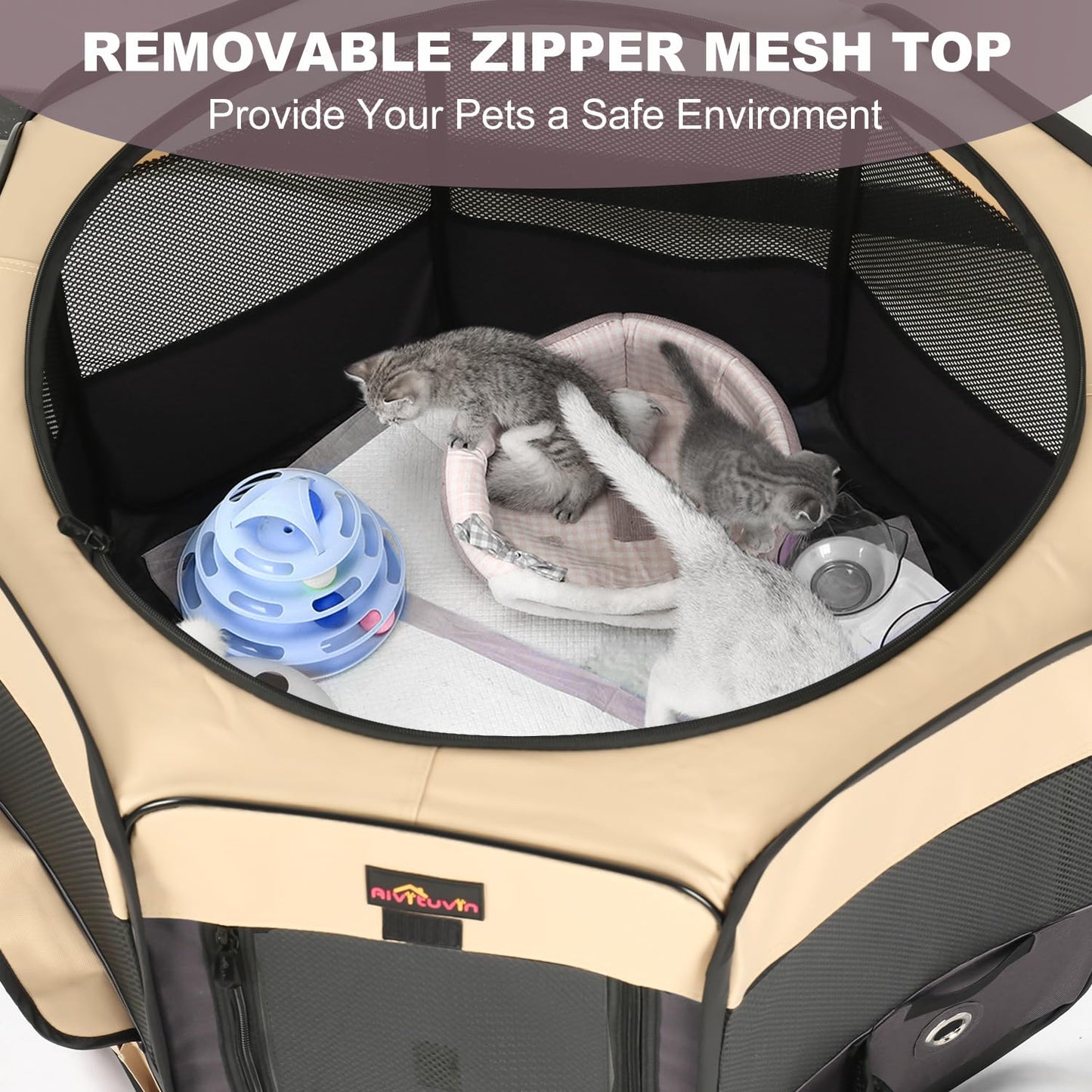 Petlios Welpenauslauf Faltbarer Laufstall für Hund und Katze Tragbarer Welpenlaufstall mit Tasche für Innen Außen Reisen Camping Braun L