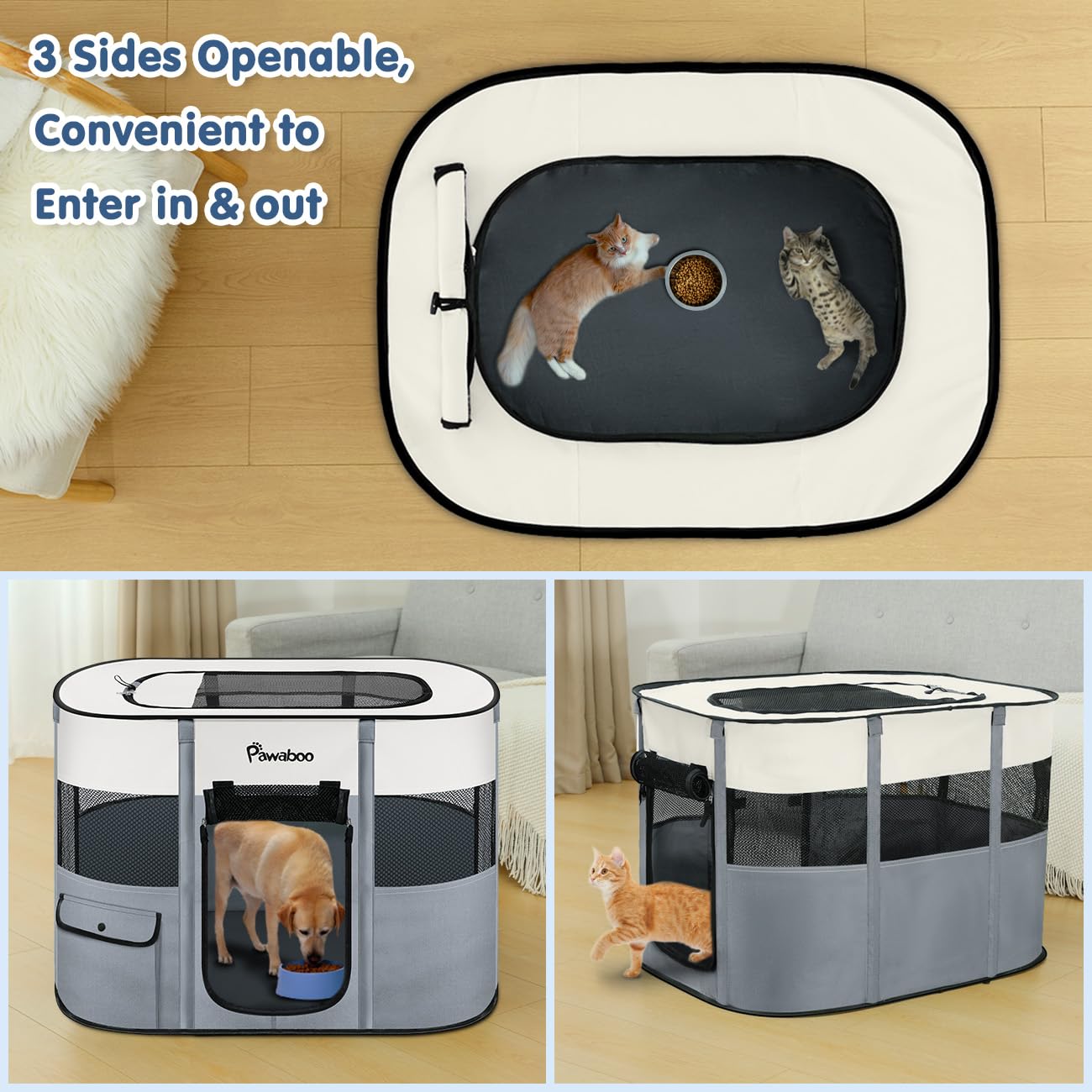 Petlios Tragbarer Haustierstall Faltbarer Hundelaufstall Wasserdicht Oxford für Hund Katze Kaninchen Indoor Outdoor mit Tasche Grau L