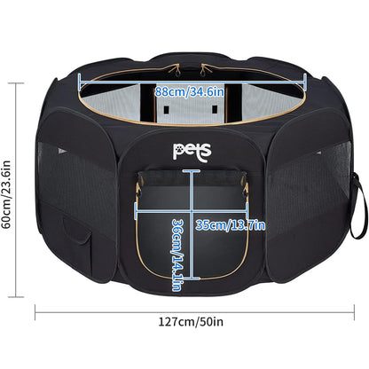 Petlios Welpenlaufstall Faltbar Tragbarer Tierlaufstall für Hunde Katzen Welpen Innen Außen mit Tragetasche Heringen Schwarz L