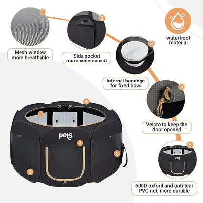Petlios Welpenlaufstall Faltbar Tragbarer Tierlaufstall für Hunde Katzen Welpen Innen Außen mit Tragetasche Heringen Schwarz L