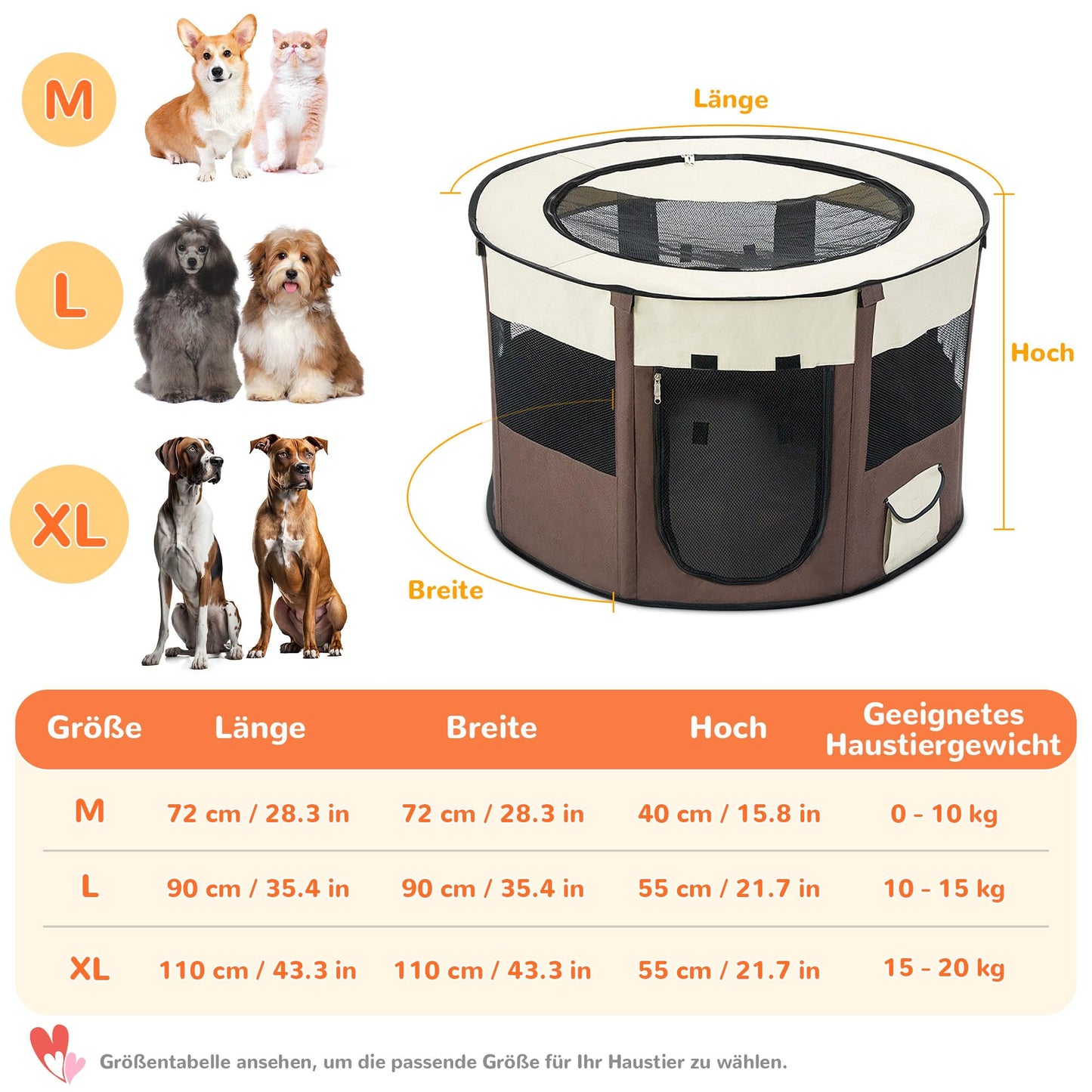 Petlios Welpenauslauf Faltbarer Welpenlaufstall Hundebox Tragbar für Hund Katze Indoor Outdoor Reisen Camping Braun XL