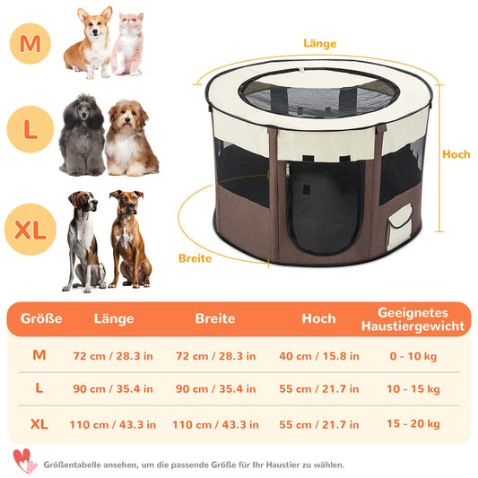 Petlios Welpenauslauf Faltbarer Welpenlaufstall Hundebox Tragbar für Hund Katze Indoor Outdoor Reisen Camping Braun XL