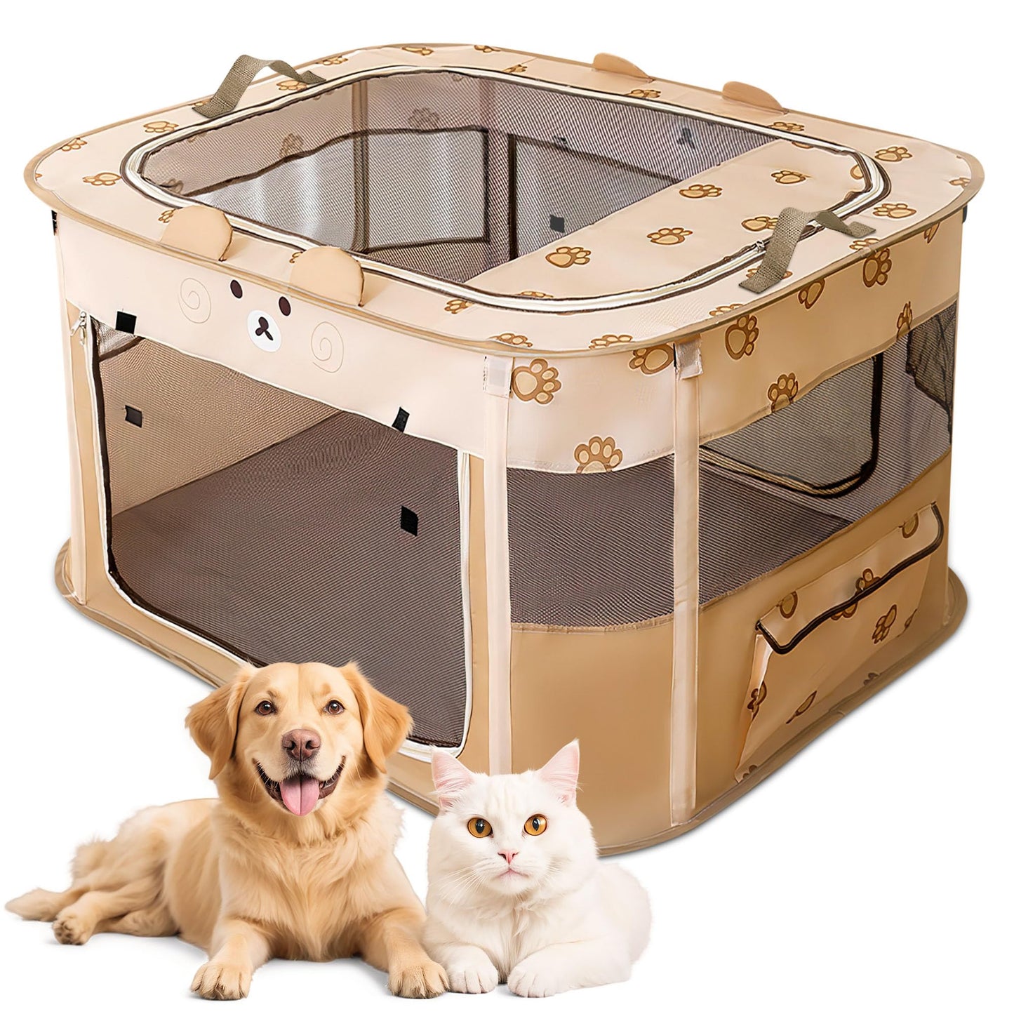 Petlios Welpenauslauf Faltbarer Welpenlaufstall Hundebox Tragbar für Hund Katze Indoor Outdoor Reisen Camping Brauner Bär L