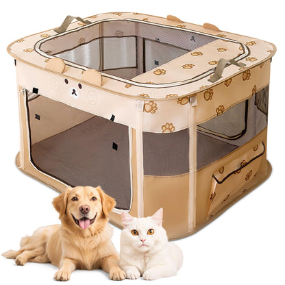 Petlios Welpenauslauf Faltbarer Welpenlaufstall Hundebox Tragbar für Hund Katze Indoor Outdoor Reisen Camping Brauner Bär L