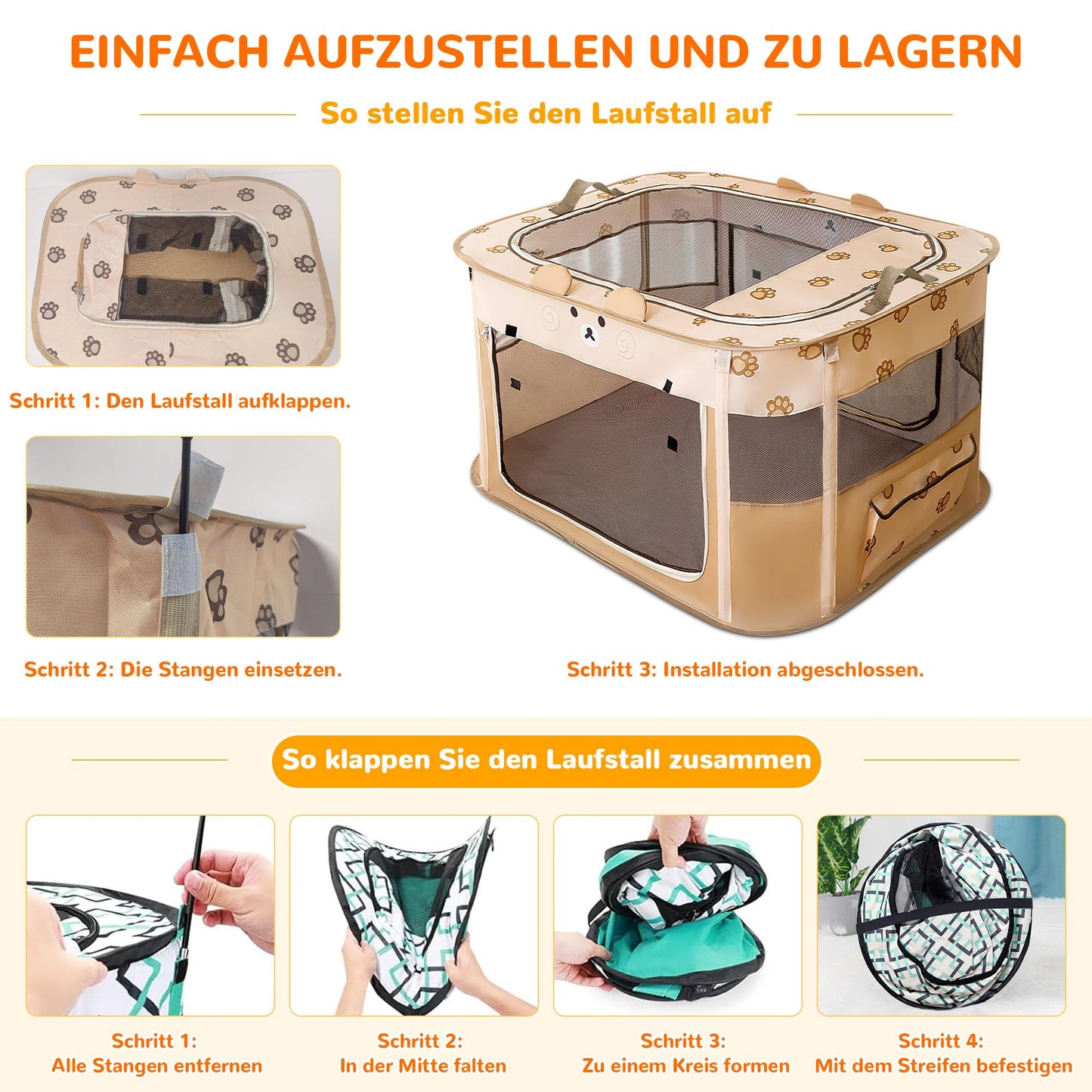 Petlios Welpenauslauf Faltbarer Welpenlaufstall Hundebox Tragbar für Hund Katze Indoor Outdoor Reisen Camping Brauner Bär L