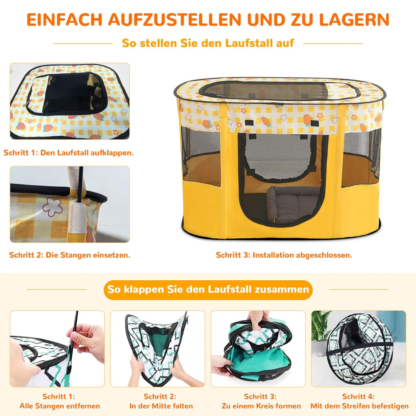 Petlios Welpenauslauf Faltbarer Welpenlaufstall Hundebox Tragbar für Hund Katze Indoor Outdoor Reisen Camping Gelbe Karotten L