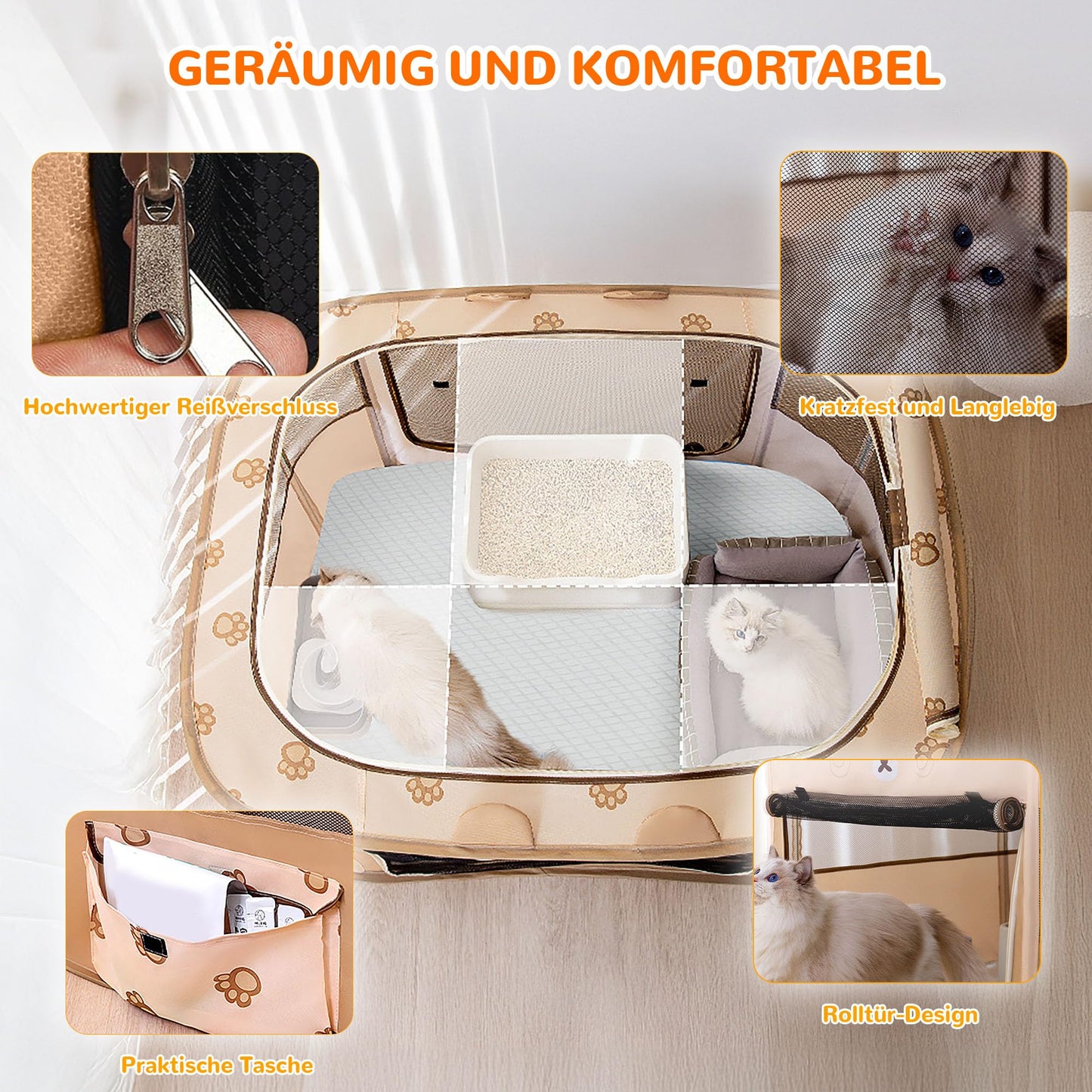 Petlios Welpenauslauf Faltbarer Welpenlaufstall Hundebox Tragbar für Hund Katze Indoor Outdoor Reisen Camping Brauner Bär L