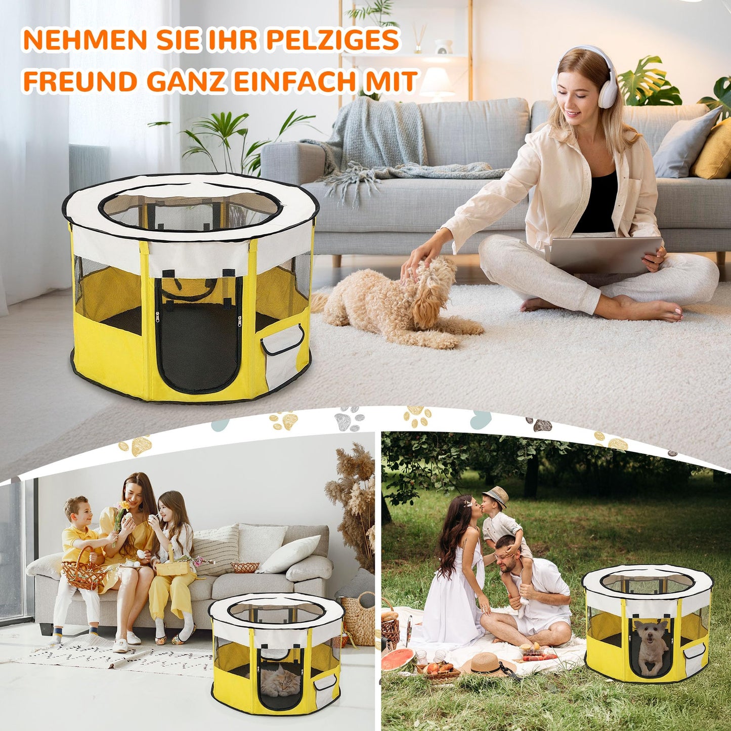 Petlios Welpenauslauf Faltbarer Welpenlaufstall Hundebox Tragbar für Hund Katze Indoor Outdoor Reisen Camping Braun XL