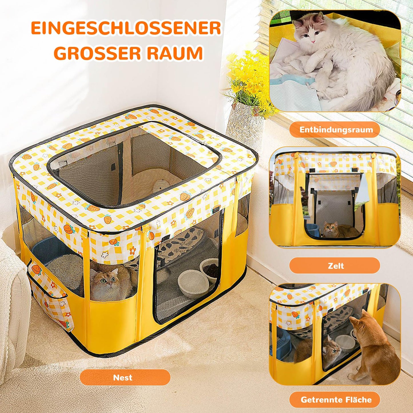 Petlios Welpenauslauf Faltbarer Welpenlaufstall Hundebox Tragbar für Hund Katze Indoor Outdoor Reisen Camping Gelbe Karotten XL