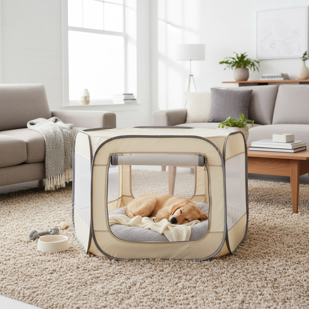 A realistic square lifestyle photo of a happy puppy resting inside a foldable pet playpen, cozy modern living room, soft natural daylight, premium pet product look, clean neutral colors, pet playpen clearly visible, comfortable and safe environment, high detail, ultra realistic, professional e commerce photography, 1:1 composition, no people, no text, no logo, no watermark
